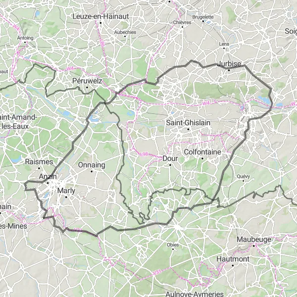 Miniature de la carte de l'inspiration cycliste "Les Chemins de Mons et Condé" dans la Nord-Pas de Calais, France. Générée par le planificateur d'itinéraire cycliste Tarmacs.app