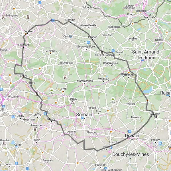Miniature de la carte de l'inspiration cycliste "Parcours cyclable routier à travers les paysages variés" dans la Nord-Pas de Calais, France. Générée par le planificateur d'itinéraire cycliste Tarmacs.app