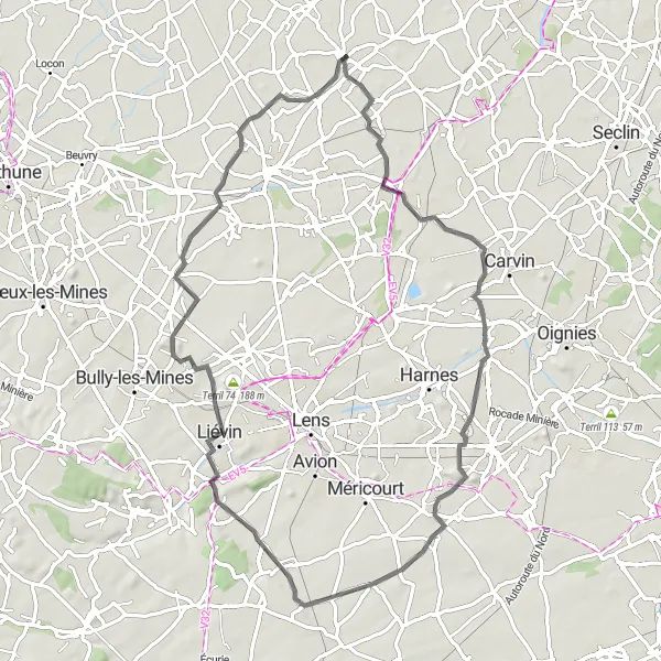 Miniature de la carte de l'inspiration cycliste "Tour de 70 km en vélo de route près de Herlies" dans la Nord-Pas de Calais, France. Générée par le planificateur d'itinéraire cycliste Tarmacs.app