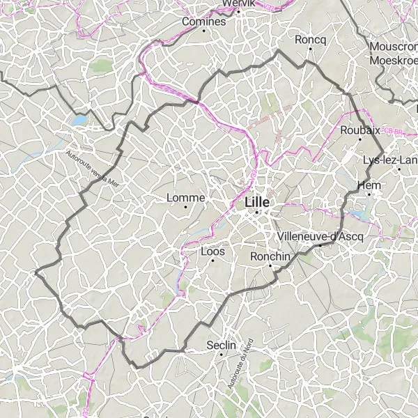 Miniature de la carte de l'inspiration cycliste "Boucle Aubers-Gondecourt" dans la Nord-Pas de Calais, France. Générée par le planificateur d'itinéraire cycliste Tarmacs.app