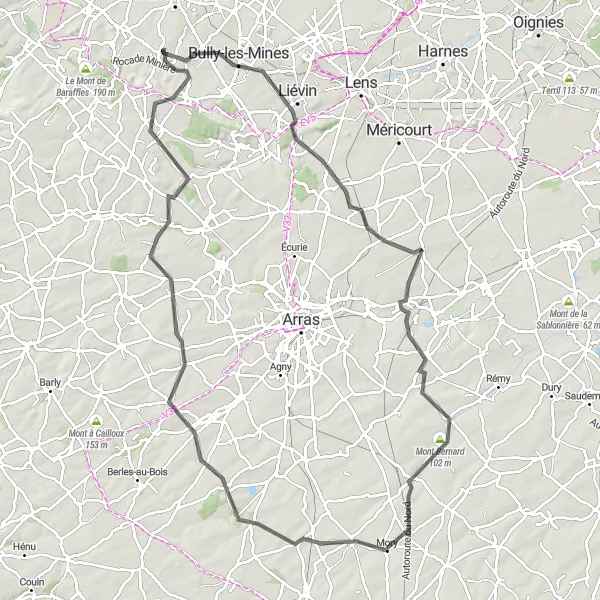 Map miniature of "Givenchy-en-Gohelle - Bailleul-Sir-Berthoult - Chérisy - Mont Bernard - Mont Cassel - Adinfer - Beaumetz-lès-Loges - Agnez-lès-Duisans - Hersin-Coupigny" cycling inspiration in Nord-Pas de Calais, France. Generated by Tarmacs.app cycling route planner