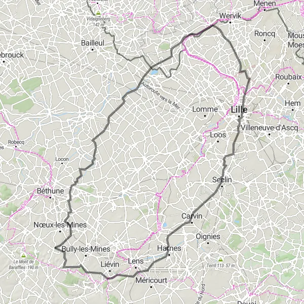 Miniature de la carte de l'inspiration cycliste "Randonnée à Vélo Road à travers Nord-Pas de Calais" dans la Nord-Pas de Calais, France. Générée par le planificateur d'itinéraire cycliste Tarmacs.app