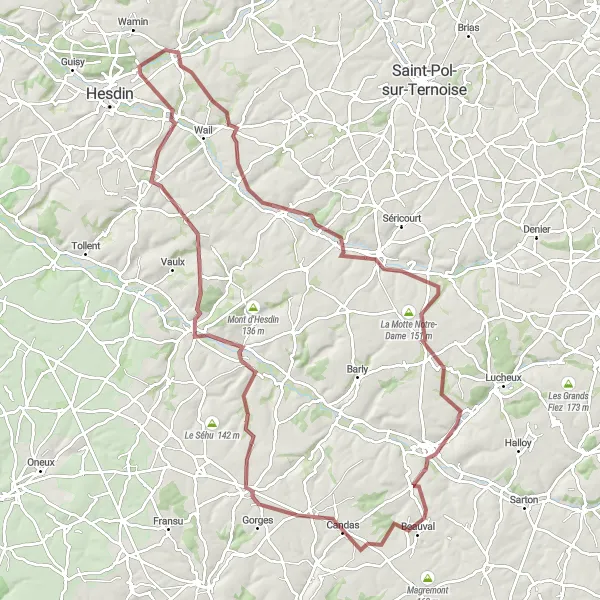Miniature de la carte de l'inspiration cycliste "Parcours des Vallées de Hesdin" dans la Nord-Pas de Calais, France. Générée par le planificateur d'itinéraire cycliste Tarmacs.app