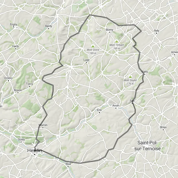 Map miniature of "Scenic Road Journey through Planques and Fiefs" cycling inspiration in Nord-Pas de Calais, France. Generated by Tarmacs.app cycling route planner