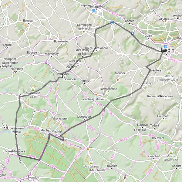 Miniature de la carte de l'inspiration cycliste "Boucle à travers la vallée de l'Authie" dans la Nord-Pas de Calais, France. Générée par le planificateur d'itinéraire cycliste Tarmacs.app