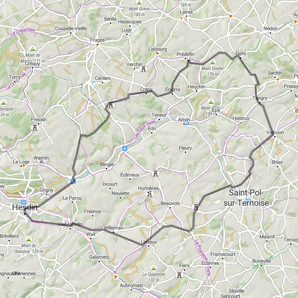 Map miniature of "Hesdin Loop" cycling inspiration in Nord-Pas de Calais, France. Generated by Tarmacs.app cycling route planner