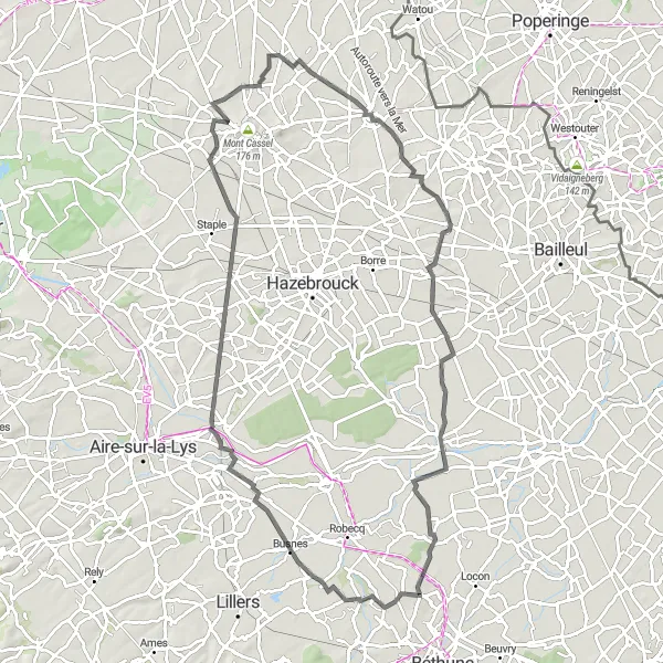 Miniature de la carte de l'inspiration cycliste "Parcours de Gonnehem à Vieux-Berquin" dans la Nord-Pas de Calais, France. Générée par le planificateur d'itinéraire cycliste Tarmacs.app