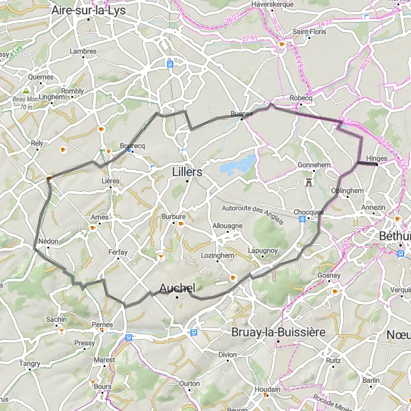 Map miniature of "The Hills and Valleys" cycling inspiration in Nord-Pas de Calais, France. Generated by Tarmacs.app cycling route planner