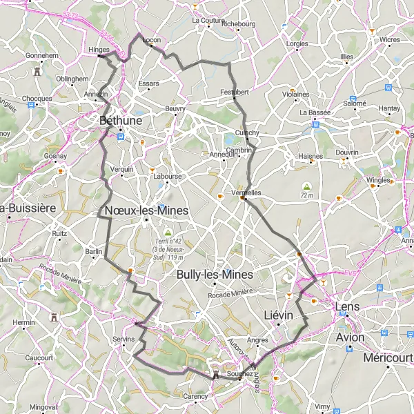Miniature de la carte de l'inspiration cycliste "Les collines de Festubert" dans la Nord-Pas de Calais, France. Générée par le planificateur d'itinéraire cycliste Tarmacs.app