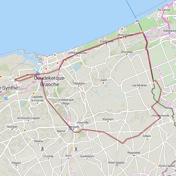 Map miniature of "Gravel adventure from Hondschoote to Dunkirk" cycling inspiration in Nord-Pas de Calais, France. Generated by Tarmacs.app cycling route planner