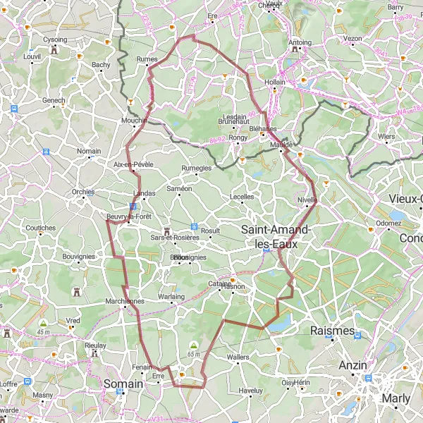 Map miniature of "Fenain Gravel Loop" cycling inspiration in Nord-Pas de Calais, France. Generated by Tarmacs.app cycling route planner