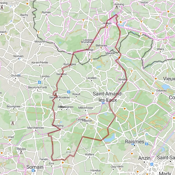 Map miniature of "Sars-et-Rosières Gravel Route" cycling inspiration in Nord-Pas de Calais, France. Generated by Tarmacs.app cycling route planner