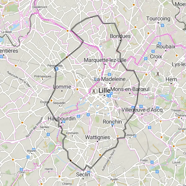 Map miniature of "Peaceful Ride in the Suburbs" cycling inspiration in Nord-Pas de Calais, France. Generated by Tarmacs.app cycling route planner