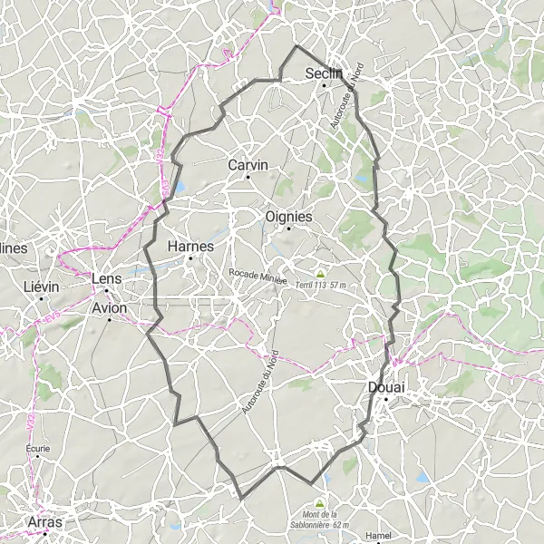 Miniature de la carte de l'inspiration cycliste "Le Tour de Seclin et Vitry-en-Artois" dans la Nord-Pas de Calais, France. Générée par le planificateur d'itinéraire cycliste Tarmacs.app