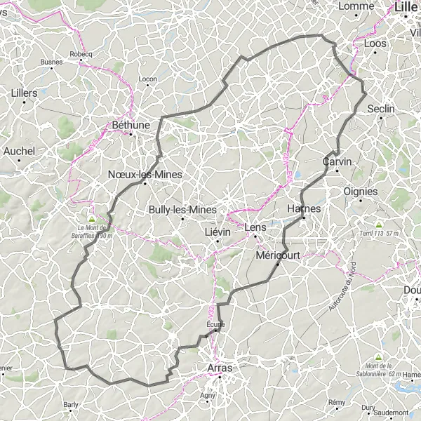 Map miniature of "The Great Mines and Hills Challenge" cycling inspiration in Nord-Pas de Calais, France. Generated by Tarmacs.app cycling route planner