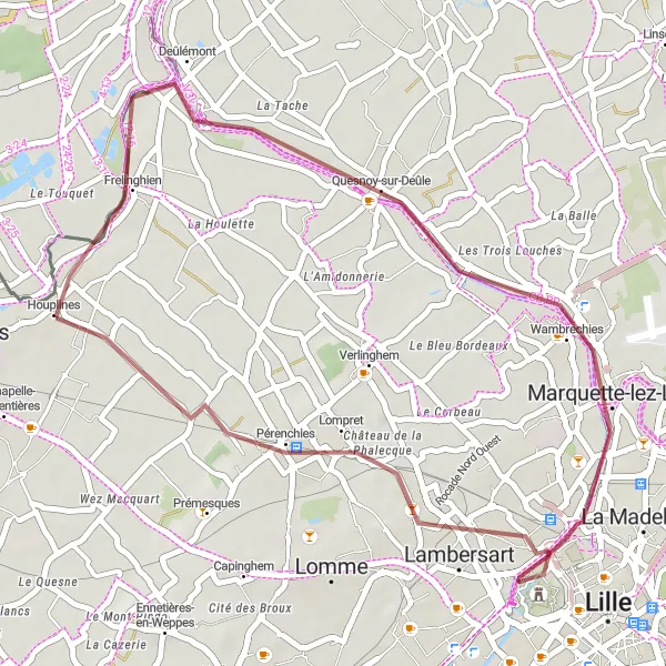 Miniature de la carte de l'inspiration cycliste "Boucle Nature entre Deûle et Lys" dans la Nord-Pas de Calais, France. Générée par le planificateur d'itinéraire cycliste Tarmacs.app