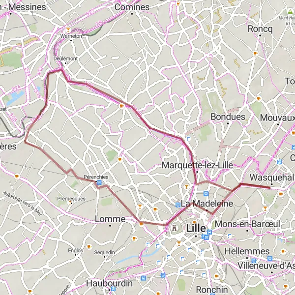Miniature de la carte de l'inspiration cycliste "Boucle Nature autour de Quesnoy-sur-Deûle" dans la Nord-Pas de Calais, France. Générée par le planificateur d'itinéraire cycliste Tarmacs.app