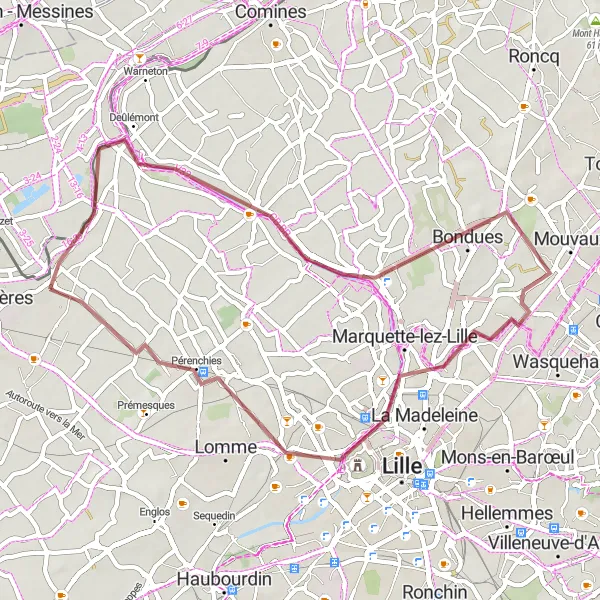 Map miniature of "Deûle River Gravel Loop" cycling inspiration in Nord-Pas de Calais, France. Generated by Tarmacs.app cycling route planner