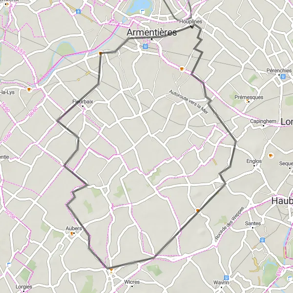 Miniature de la carte de l'inspiration cycliste "Boucle cyclable autour de Houplines" dans la Nord-Pas de Calais, France. Générée par le planificateur d'itinéraire cycliste Tarmacs.app