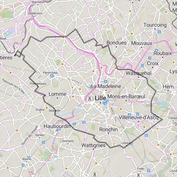 Miniature de la carte de l'inspiration cycliste "Tour des Villages Vélo Nord" dans la Nord-Pas de Calais, France. Générée par le planificateur d'itinéraire cycliste Tarmacs.app