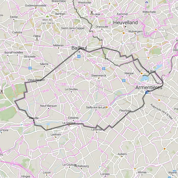 Miniature de la carte de l'inspiration cycliste "Boucle Armentières – Romarin" dans la Nord-Pas de Calais, France. Générée par le planificateur d'itinéraire cycliste Tarmacs.app