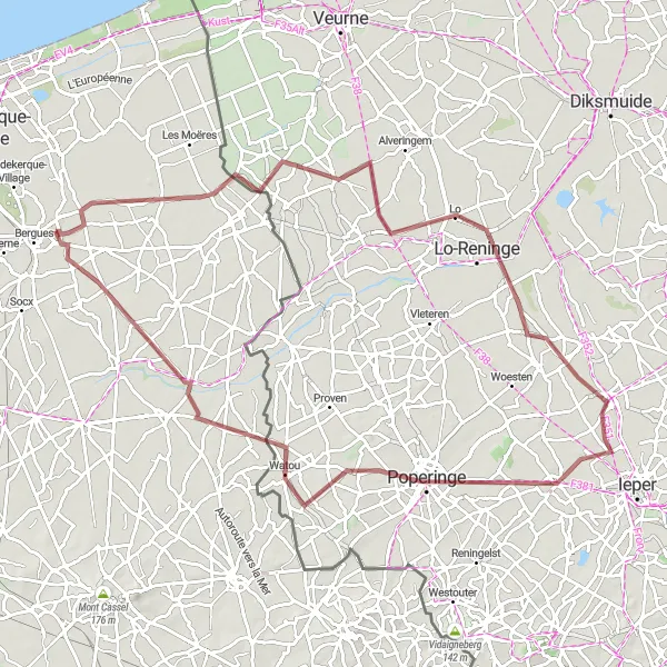 Miniature de la carte de l'inspiration cycliste "Boucle Pittoresque vers Hoymille" dans la Nord-Pas de Calais, France. Générée par le planificateur d'itinéraire cycliste Tarmacs.app