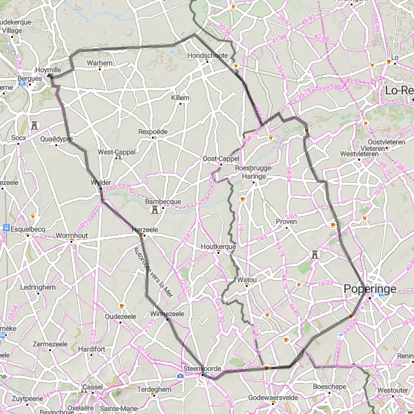 Map miniature of "Warhem to Winnezeele Loop" cycling inspiration in Nord-Pas de Calais, France. Generated by Tarmacs.app cycling route planner