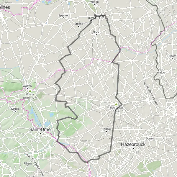 Map miniature of "Wylder to Bergues Loop" cycling inspiration in Nord-Pas de Calais, France. Generated by Tarmacs.app cycling route planner