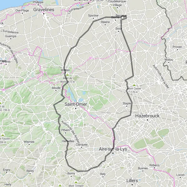 Miniature de la carte de l'inspiration cycliste "Chemin des Tours" dans la Nord-Pas de Calais, France. Générée par le planificateur d'itinéraire cycliste Tarmacs.app