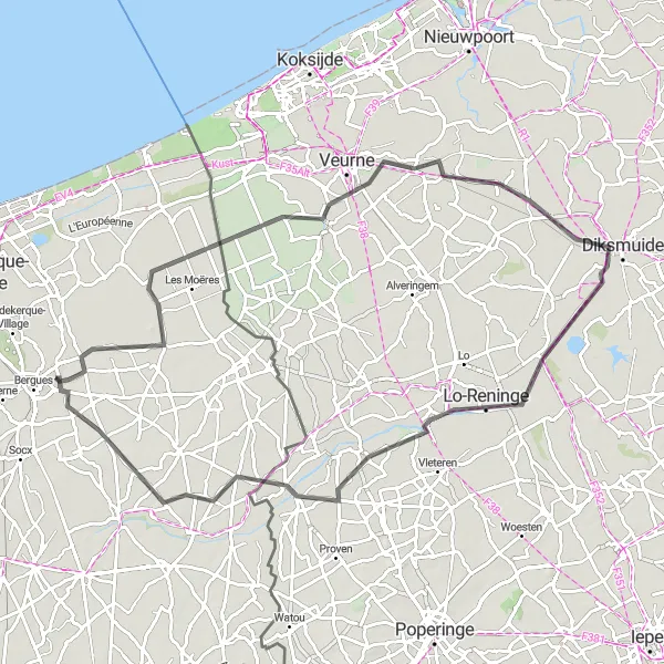 Map miniature of "Coastal Adventure" cycling inspiration in Nord-Pas de Calais, France. Generated by Tarmacs.app cycling route planner