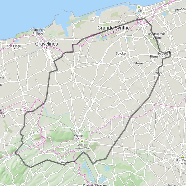Miniature de la carte de l'inspiration cycliste "Les Chemins de l'Aa" dans la Nord-Pas de Calais, France. Générée par le planificateur d'itinéraire cycliste Tarmacs.app