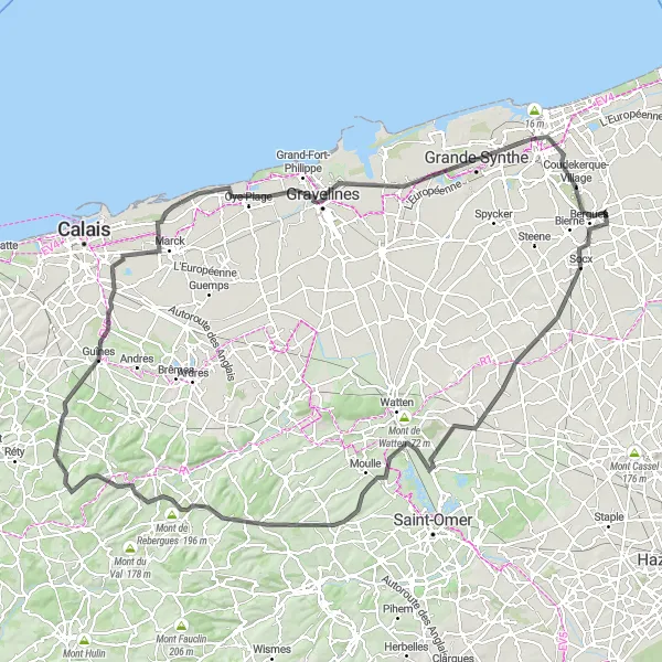 Miniature de la carte de l'inspiration cycliste "Les Monts du Calaisis" dans la Nord-Pas de Calais, France. Générée par le planificateur d'itinéraire cycliste Tarmacs.app