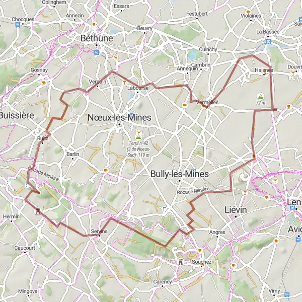 Miniature de la carte de l'inspiration cycliste "Exploration de Loos-en-Gohelle à Hulluch" dans la Nord-Pas de Calais, France. Générée par le planificateur d'itinéraire cycliste Tarmacs.app