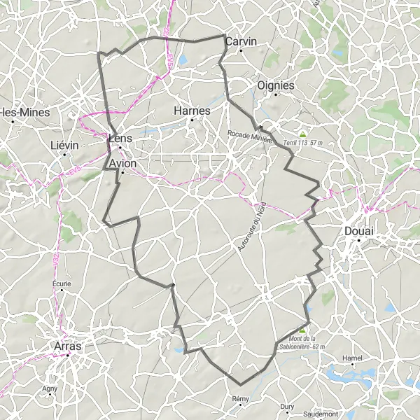 Map miniature of "The Courrières Loop" cycling inspiration in Nord-Pas de Calais, France. Generated by Tarmacs.app cycling route planner