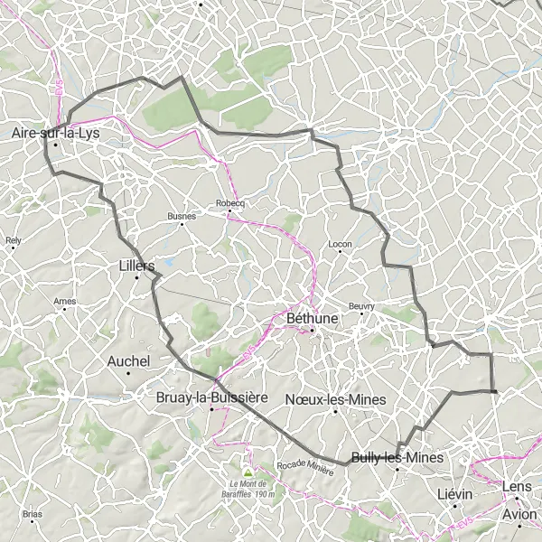 Miniature de la carte de l'inspiration cycliste "Boucle de Hulluch à Aire-sur-la-Lys" dans la Nord-Pas de Calais, France. Générée par le planificateur d'itinéraire cycliste Tarmacs.app