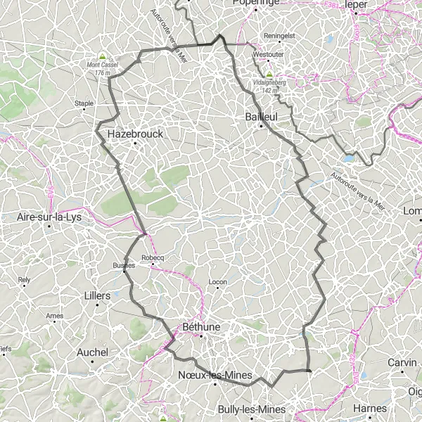 Miniature de la carte de l'inspiration cycliste "Tour des Monts de Flandre à La Bassée" dans la Nord-Pas de Calais, France. Générée par le planificateur d'itinéraire cycliste Tarmacs.app