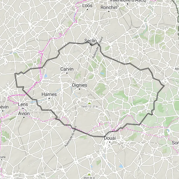 Miniature de la carte de l'inspiration cycliste "Randonnée à travers les Collines" dans la Nord-Pas de Calais, France. Générée par le planificateur d'itinéraire cycliste Tarmacs.app