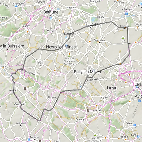 Miniature de la carte de l'inspiration cycliste "Montagnes et Mines" dans la Nord-Pas de Calais, France. Générée par le planificateur d'itinéraire cycliste Tarmacs.app