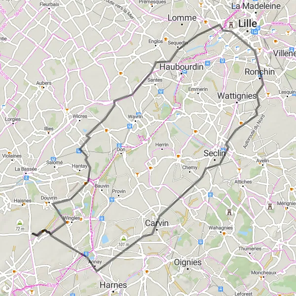 Miniature de la carte de l'inspiration cycliste "Trésors du Nord" dans la Nord-Pas de Calais, France. Générée par le planificateur d'itinéraire cycliste Tarmacs.app