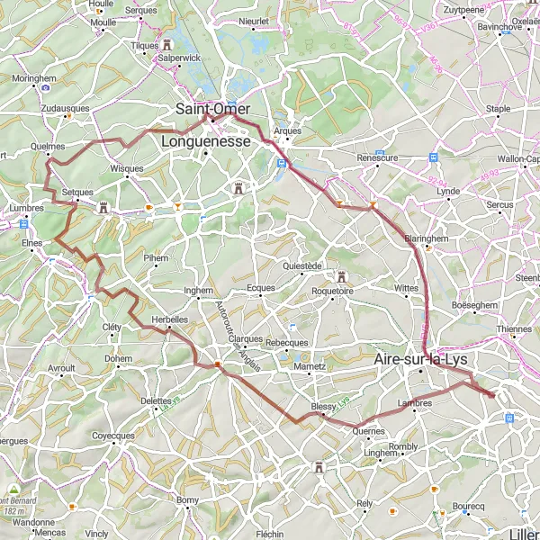 Miniature de la carte de l'inspiration cycliste "Parcours Gravel autour de Saint-Omer" dans la Nord-Pas de Calais, France. Générée par le planificateur d'itinéraire cycliste Tarmacs.app