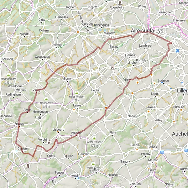 Map miniature of "Gravel Cycling Route: Isbergues to Ligny-lès-Aire" cycling inspiration in Nord-Pas de Calais, France. Generated by Tarmacs.app cycling route planner