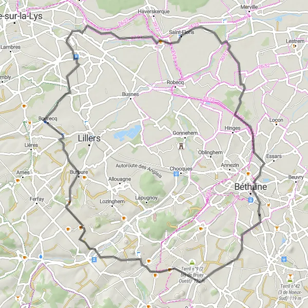 Miniature de la carte de l'inspiration cycliste "Tour des Terrils de l'Artois" dans la Nord-Pas de Calais, France. Générée par le planificateur d'itinéraire cycliste Tarmacs.app