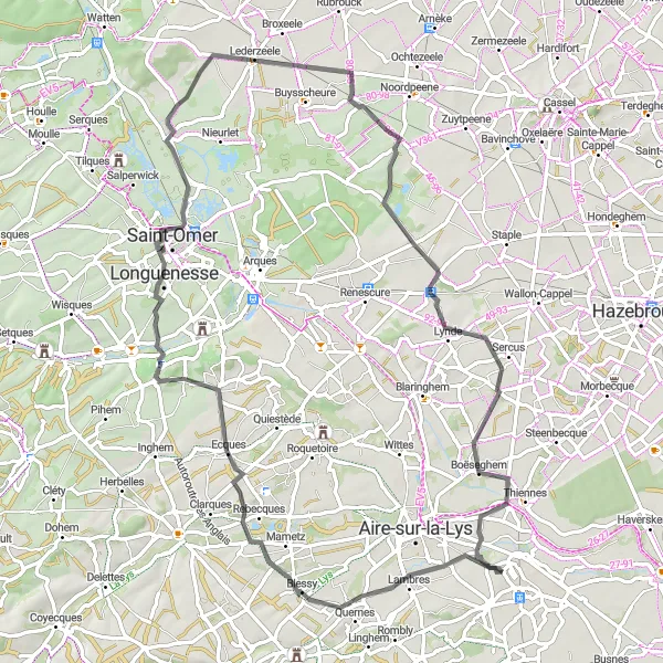 Map miniature of "From Isbergues to Boëseghem" cycling inspiration in Nord-Pas de Calais, France. Generated by Tarmacs.app cycling route planner