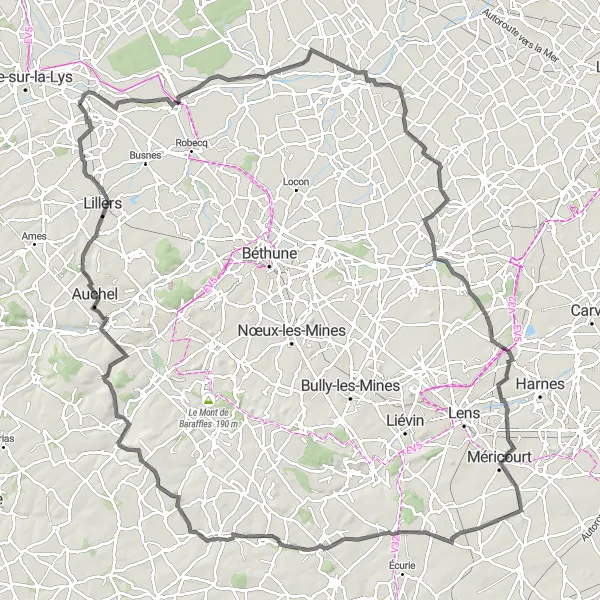 Miniature de la carte de l'inspiration cycliste "Circuit des Collines Flamandes" dans la Nord-Pas de Calais, France. Générée par le planificateur d'itinéraire cycliste Tarmacs.app