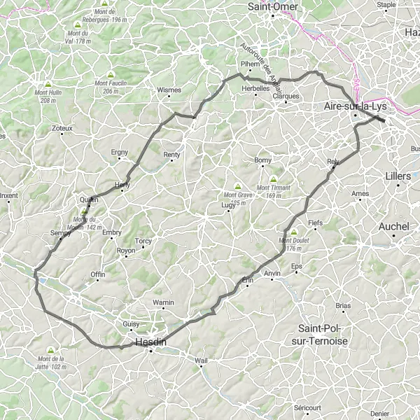 Miniature de la carte de l'inspiration cycliste "Les Collines du Pas-de-Calais" dans la Nord-Pas de Calais, France. Générée par le planificateur d'itinéraire cycliste Tarmacs.app