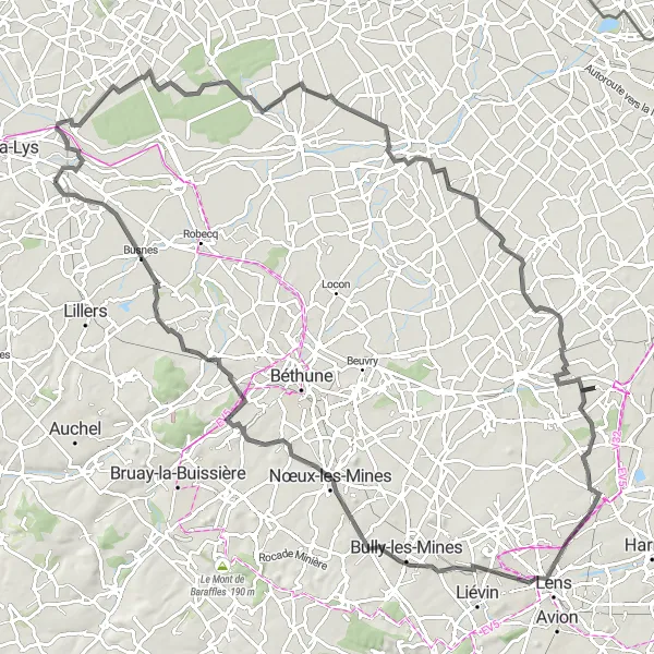 Map miniature of "Circular Route around Isbergues" cycling inspiration in Nord-Pas de Calais, France. Generated by Tarmacs.app cycling route planner