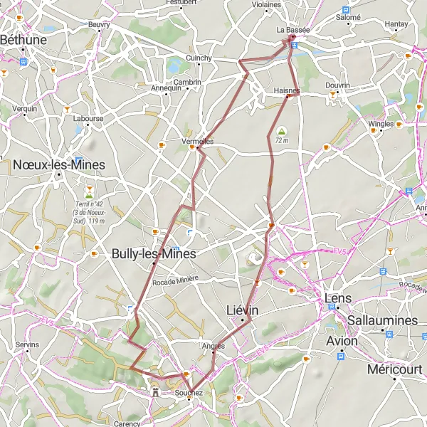 Miniature de la carte de l'inspiration cycliste "Parcours gravel de 41 km près de La Bassée" dans la Nord-Pas de Calais, France. Générée par le planificateur d'itinéraire cycliste Tarmacs.app