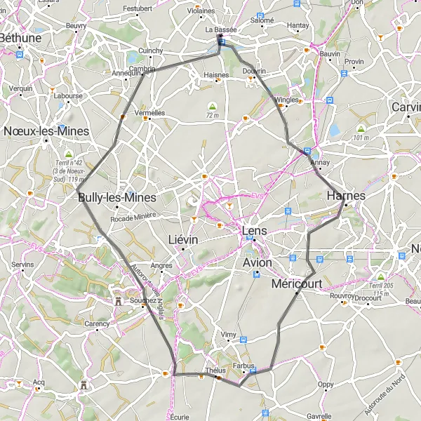 Map miniature of "Douvrin to Auchy-les-Mines Road Route" cycling inspiration in Nord-Pas de Calais, France. Generated by Tarmacs.app cycling route planner