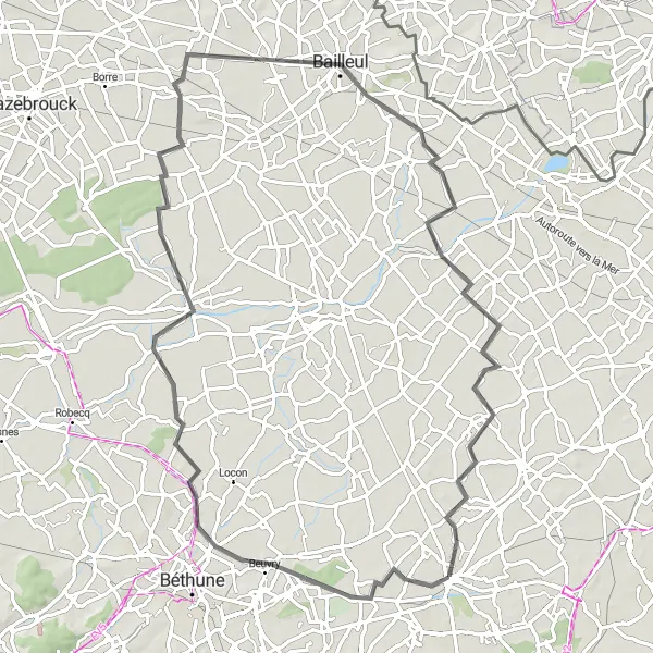 Map miniature of "Beuvry to Aubers Road Route" cycling inspiration in Nord-Pas de Calais, France. Generated by Tarmacs.app cycling route planner