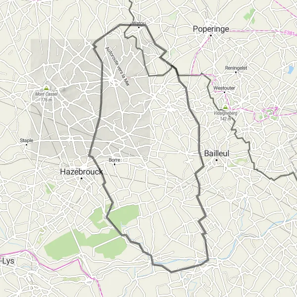 Map miniature of "La Gorgue to Estaires" cycling inspiration in Nord-Pas de Calais, France. Generated by Tarmacs.app cycling route planner